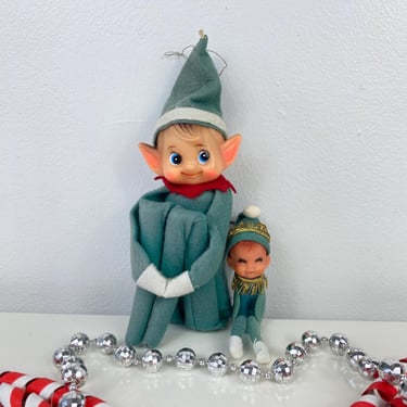 Vintage Christmas Knee Hugger Elf Pixie, Set of 2 Green Felt Elves, Elf with Musical Bell, Kitschy Christmas, MCM Holiday, Old Ornament 