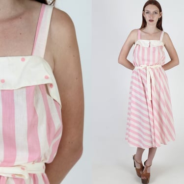 Vintage 80s Pink White Stripe Sundress Pool Lounge Full Skirt Midi Mini Dress 