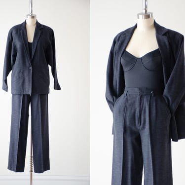 black linen suit | 80s 90s vintage EVA dark academia high waisted pants and blazer pantsuit 
