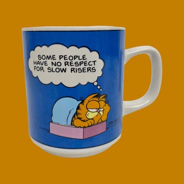 Vintage Garfield Mug Retro 1970s White Blue + Porcelain + Some People Have No Respect For Slow Risers + Jim Davis + Enesco + Kitchen + Drink 