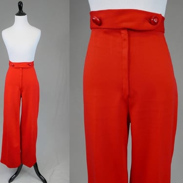 70s Wide Leg Red Pants - Handmade Trousers - 30" waist - High Rise - Polyester Knit - Vintage 1970s - 29.75" inseam 