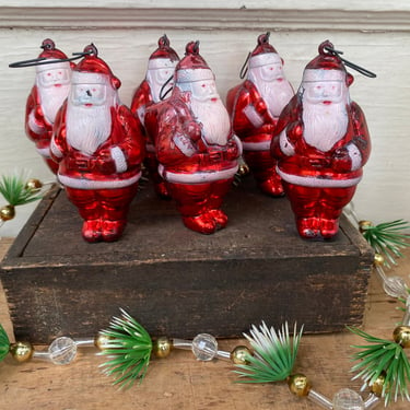 Vintage Red Metallic Santa Ornaments, Hard Plastic Santa Claus Ornaments, Set Of 6, Shabby, 1 Is Busted 