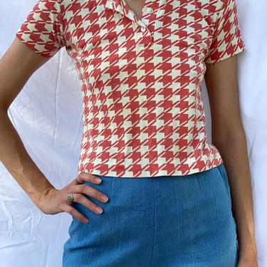 1970's Crop Top / Perfect Little shirt in Houndstooth Summer Shirt / Jersey Knit Top / / Baby Tee 