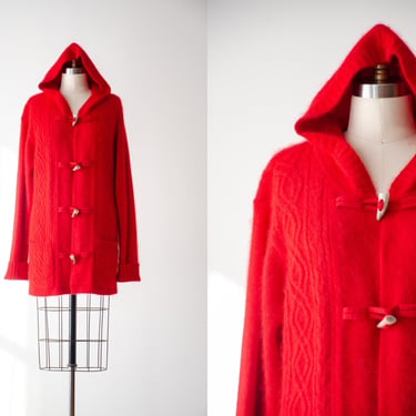 long red sweater | 80s 90s vintage Charles Keath soft fuzzy angora wool toggle hooded cardigan sweater jacket 