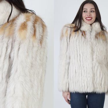 Plush Ivory Fox Fur Jacket / Arctic Apres Ski Coat / Chubby Natural Orange Stripes / Suede Panel Inlay Winter Overcoat 