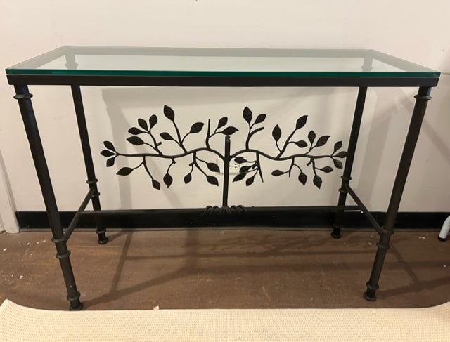 Glass Top Iron Base Console Table with Tree | Turn the Tables ...