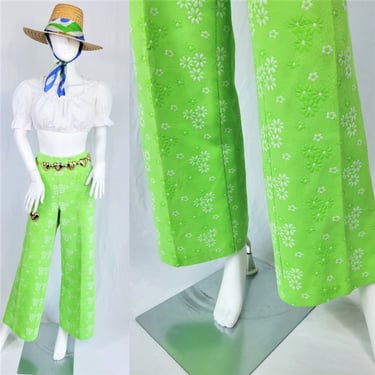 1970's Lime Green Daisy Flower Print Wide Leg Poly Pants I Sz Med 