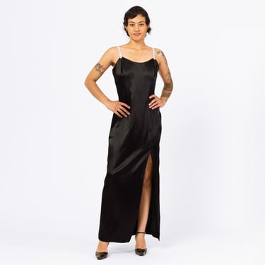 Vintage 90s Jessica McClintock Black Satin Flower Strap Maxi Dress - Medium | Formal Evening Gown, Spaghetti Strap High Slit Party Dress 