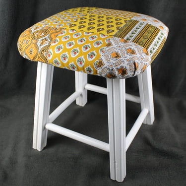 Refurbished Small Stool - Up-Cycled Vintage Small Padded Stool - Refurbished & Reupholstered with Vintage Fabric - 14