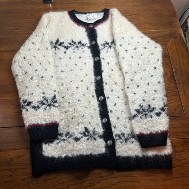 Vintage Jones New York Cardigan Sweater Large Cream Nordic Hand Knit Wool Mohair Size Small 