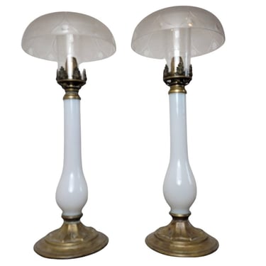 Scarce Early 19th Century French Empire Period White Opaline Glass Brass Candle Lamp Pair - Antique Candlestick Table Lamps 