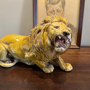 Italion Glazed Terracotta Lion Sculpture 1960s 1970s - 19” Long - Free Shipping 