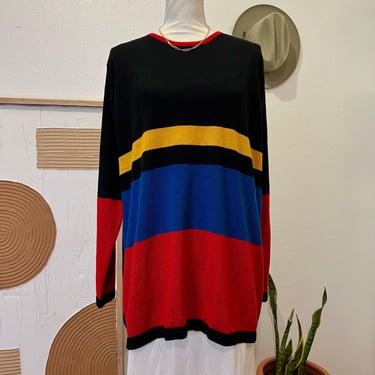 Liz Claiborne Vintage 90s Primary Color Blocked Oversized Long Pullover Sweater 