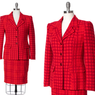 Vintage 1980s Skirt Suit | 80s ESCADA Red Wool Plaid Houndstooth Designer Tailored Blazer Jacket Pencil Skirt Two Piece Set (medium) 