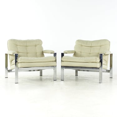Milo Baughman Style Mid Century Italian Flatbar Lounge Chairs - Pair - mcm 