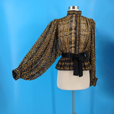 Seventies Victoria Royal Ltd Beaded Silk Print Bishop Sleeve Blouse - XXS 70s Sheer Snap Front Top 