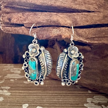 DINE’H NATIVE ARTS Turquoise Leaf Earrings | Silver Flower & Leaf Applique | Scroll Work | Navajo Native American Southwestern Jewelry 