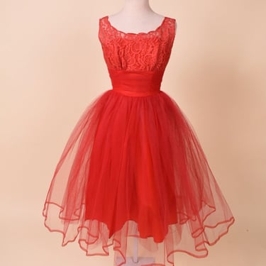 Red Lace & Tulle 50s Prom Dress, XXXS
