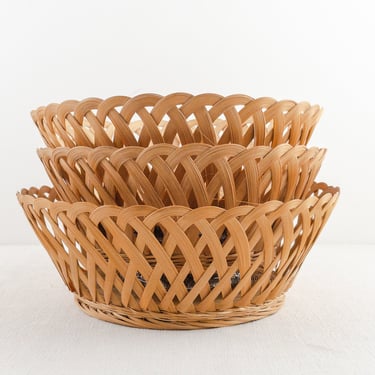 Vintage Bamboo Baskets, Round Wicker Basket Bowls, Decorative Storage Catchall 