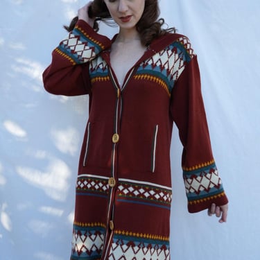 1970s Hooded Cardigan / Intarsia Print Hooded Long Duster Sweater Coat / Autumnal Hipster Knitwear / Acrylic Granny Sweater / Seventies 