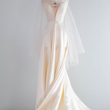 Vintage Xtabay Bespoke Wedding Gown In Candlelight Satin & Antique Lace / M