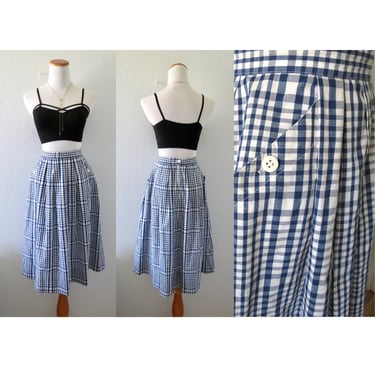 Vintage Gingham Skirt - High Waisted Midi Skirt with Pockets - Spring Summer Picnic Outfit - Size XS 