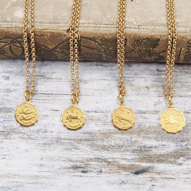 Gold Zodiac Pendant, Gold Zodiac Necklace, Delicate Zodiac Necklace, Horoscope Necklace, Celestial Jewelry 