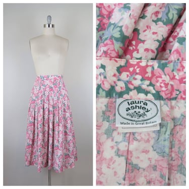 Vintage 1980s Laura Ashley Great Britain skirt, floral, cotton, pleated, cottage 