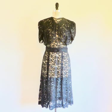 1940's Black Cotton Lace Dress with Attached Matching Cropped Jacket Formal Evening Party WW2 Era Rockabilly Swing 33