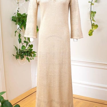 Vintage 1970s Sweater Dress | 70s ST. JOHN Metallic Gold Knit Maxi Long Sleeve Boho Sparkly Party Gown | small/medium 