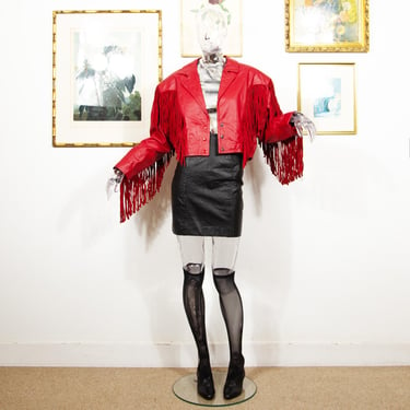 Vintage 1980s Red Leather Crop Jacket With Fringes And Shoulder Pads Size M 