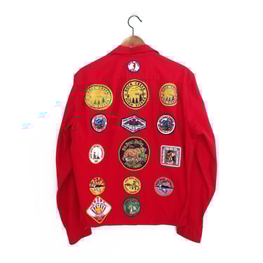 vintage patch jacket / Boy Scout jacket / 1960s Boy Scout red zip up cotton patch jacket Medium 