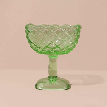 L.E. Smith Glass Trellis Pedestal Basket Dessert Cup, Vintage Glassware, Green Glassware 