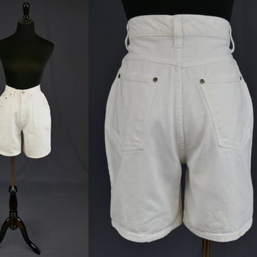 80s 90s White Jean Shorts - 26" waist - High Rise - Cotton Denim - Stefano International - Vintage 1980s 1990s - S 