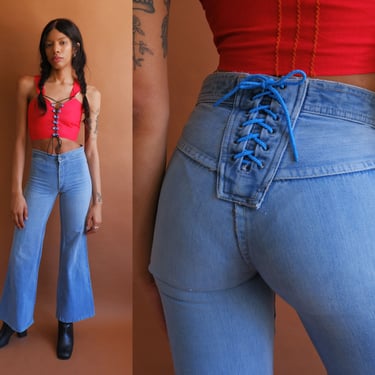 Vintage 70s Lace Up Bell Bottoms/ 1970s High Waisted Light Wash Denim/ Size XXS 24 