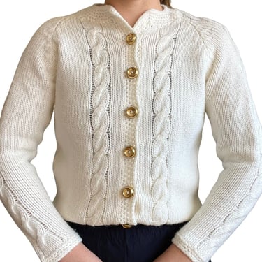 Vintage 80s Womens Hand Knit White Acrylic Chunky Cable Preppy Cardigan Sz M 