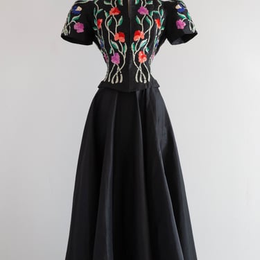 Spectacular 1930's Silk Taffeta Evening Gown With Embroidered Sequin Flowers / S