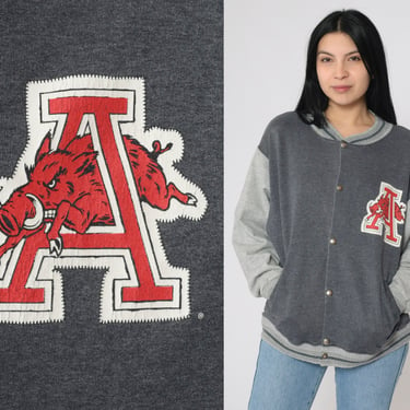 90s Arkansas Razorbacks Jacket Sweatshirt Bomber Jacket University Jacket College Varsity Sports Snap Up 1980s Vintage Grey Letterman Large 