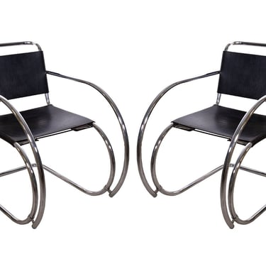 Mid Century Modern Pair of MiesVan Der Rohe Chrome & Leather Mr Lounge Chairs 