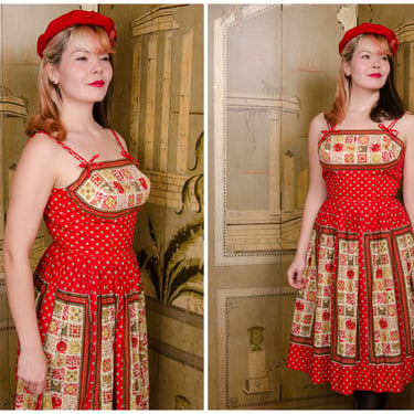 1950s Dress - Vibrant Vintage 50s Cotton Sundress with in True Red with Harvest Theme Border Print by Cover Girl of Miami 