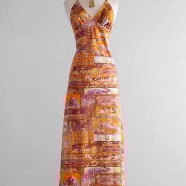 Magical 1970's Japanese Themed Novelty Print Maxi Dress By Anything Goes / Small