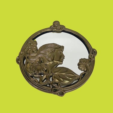 Vintage Wall Mirror 1980s Retro Size 11x10 Art Nouveau Style + Gold + Brass Metal + Round + Womans Face + Ornate + Home and Wall Decor 