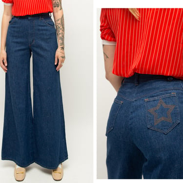 Vintage 1970s 70s High Waisted Dark Blue Denim Wide Leg Flared Jeans w/ Embroidered Star Pocket 