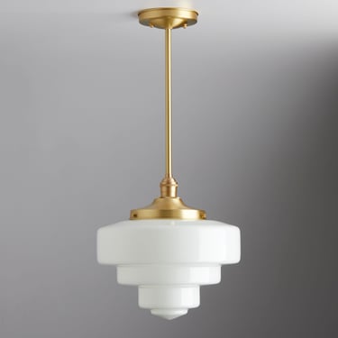Art Deco White Glass Mid Century Modern 12&quot; - Downrod Pendant Light Fixture - Made in the USA Hand Blown Glass 