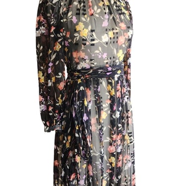 Vintage 70s Silkprint Dress Dark Florals Belted 