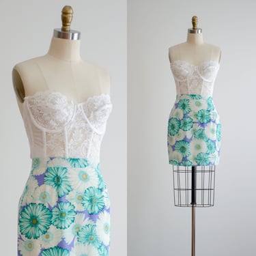 cottagecore skirt 90s y2k vintage green white gerbera daisy silk mini skirt 