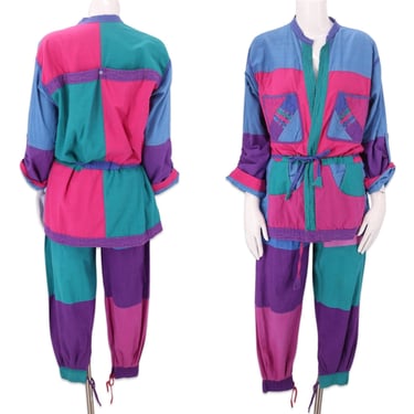 80s color block cotton set M, vintage 1980s colorful jacket and pants, 80s sportswear outfit 