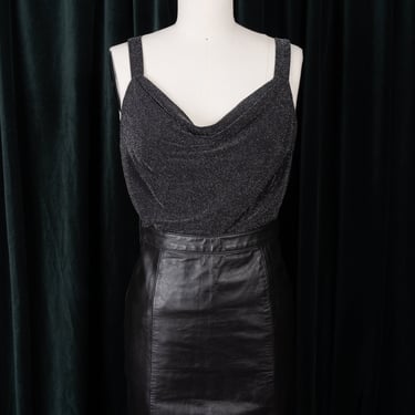 80s/90s Super Sparkly Silver and Black Stretchy Tank with Drape Neck 