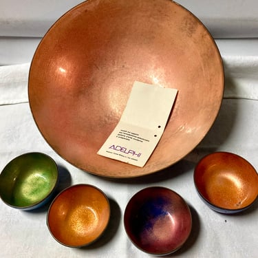 Reduced~ Paola De Poli 1950s Italian enamel Artist, mid century modern enameled copper Bowl Set Art~ Signed & with Museum Tag 