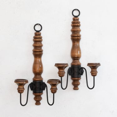 18" Tall Pair of Wood Double Arm Candle Sconces, Set of Two Vintage Wood and Iron Candlestick Wall Sconces, Countrycore Decor 